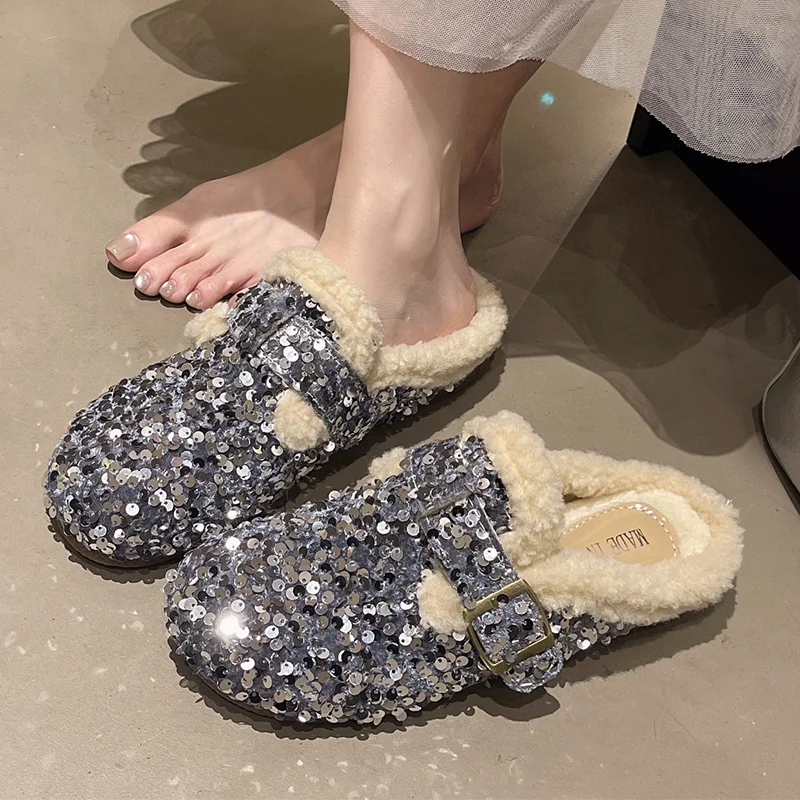 بلينغ النساء النعال الشقق البغال أحذية فاخرة بدعة أحذية قطنية 2025 شتاء جديد المنزل الوجه يتخبط فستان مريح Mujer Zapatos