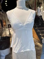New White Lace Halter Crop Top Women Summer Solid V Neck Sexy Sleeveless Slim Camis Y2k Vintage Sweet Cotton Backless Tank Tops