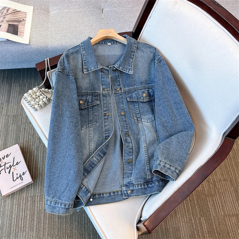 

Spring Autumn Women Korean Vintage Blue Denim Jacket Loose Casual Streetwear Lapel Single-Breasted Long Sleeve Cowboy Outerwear
