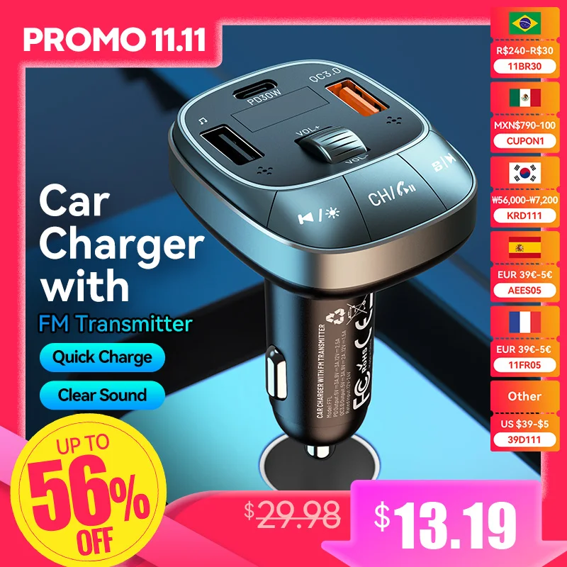 

Vention Quick Charge Car Charger for Phone FM Transmitter Bluetooth 5.0 Car Kit Audio MP3 Player Fast 3 USB Car Phone Charger