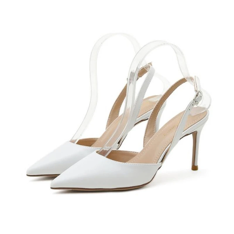 

6cm Luxury Women's Shoes Sandals Pointed Toe High Heels Ankle Wrap White Ladies Dress Women Shoes 40 41