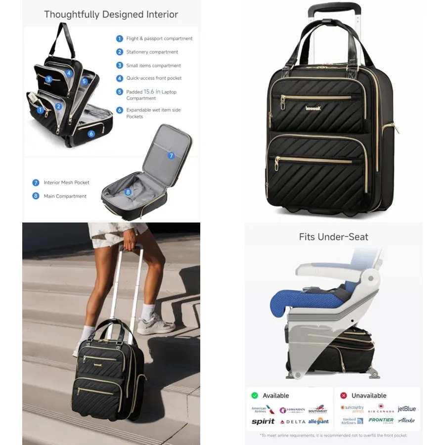 

Underseat Carry On Luggage with Wheels, UDK Stylish Lightweight Under Seat Luggage, Soft Sided Personal Item Suitcase for Short