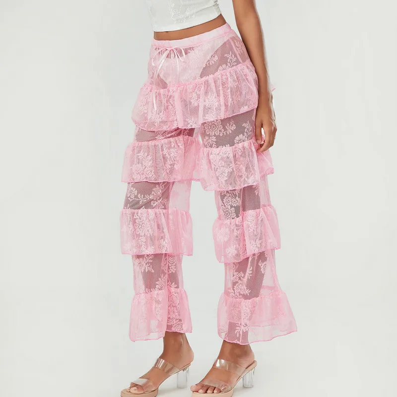 WPNAKS Women Lace Pants Summer Clothes Lolita High Waist See-through Flower Layered Sheer Pants Trousers Sexy Club