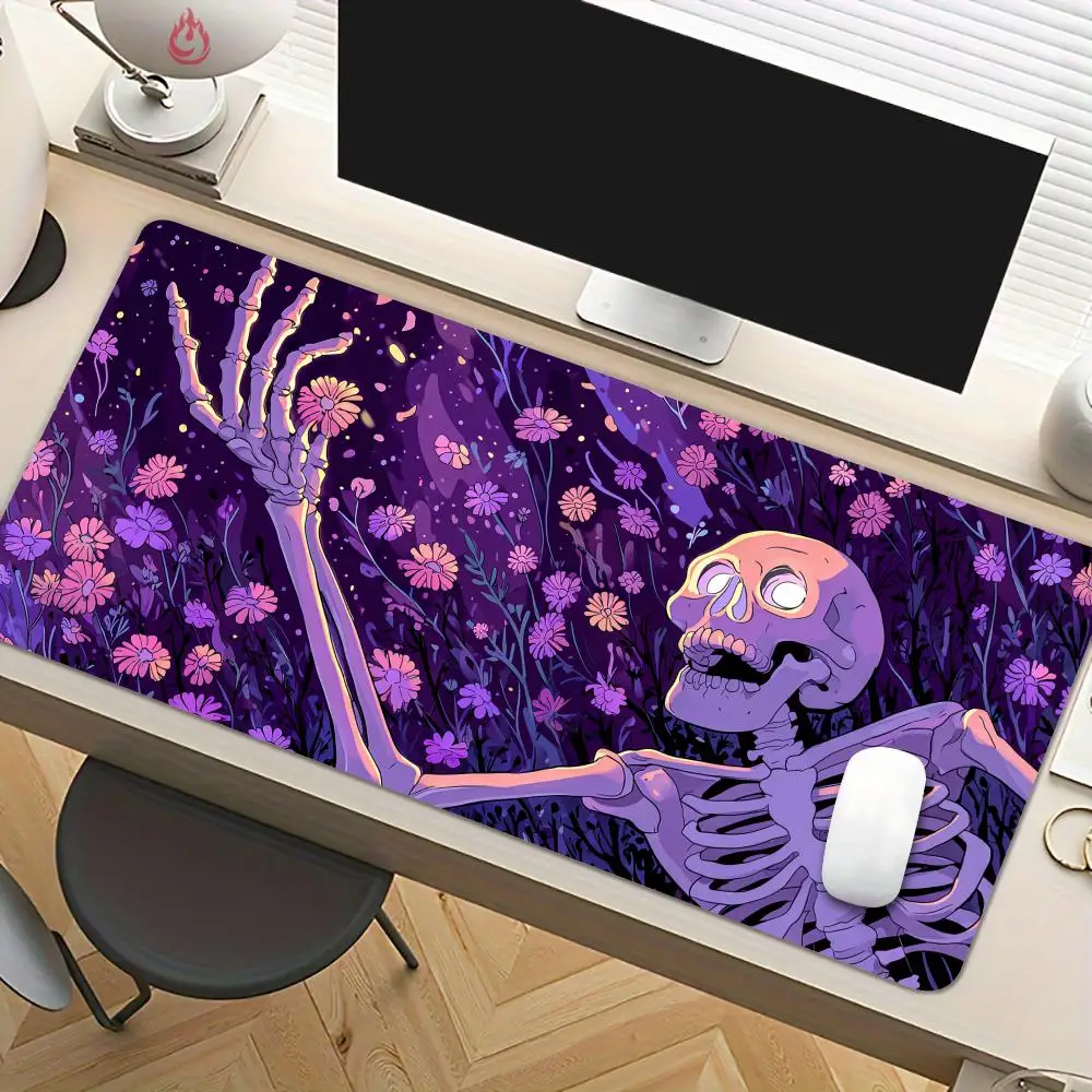 

Коврик для мыши с готическим скелетом и морем цветов, нескользящий коврик для стола с прошитыми краями, аксессуары для ПК, игровые коврики
