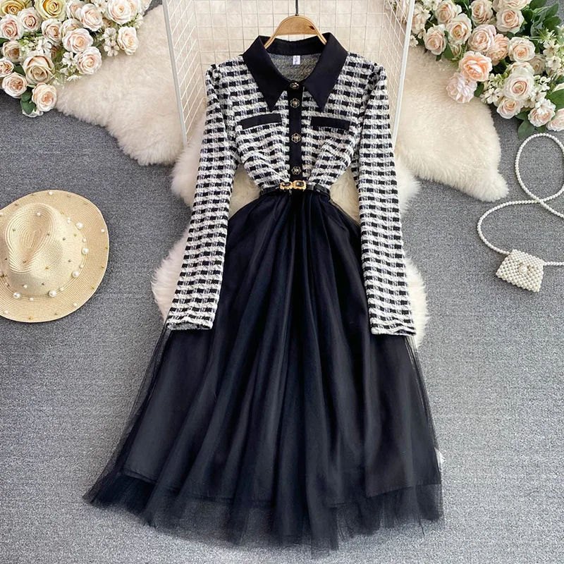 

Spring Autumn Plaid Dress Long Sleeve Patchwork Mesh Dress Vintage Elegant Long Dress Vestido Robe Mujer