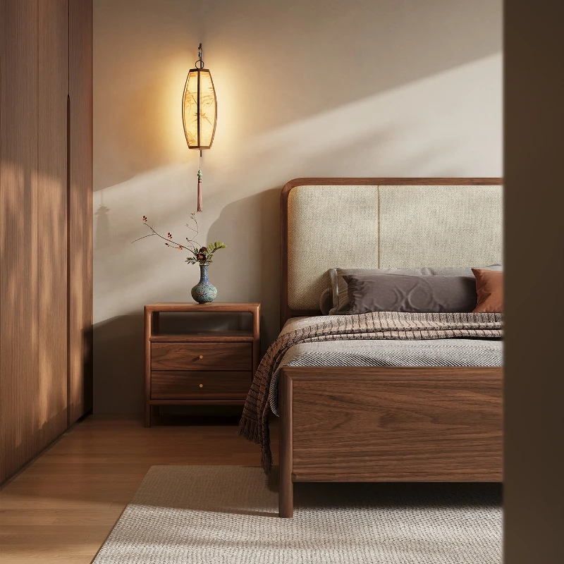 

Black walnut 1.8 meters double solid wood bed 1.5 meters cotton and linen soft rely on home master bedroom marriage