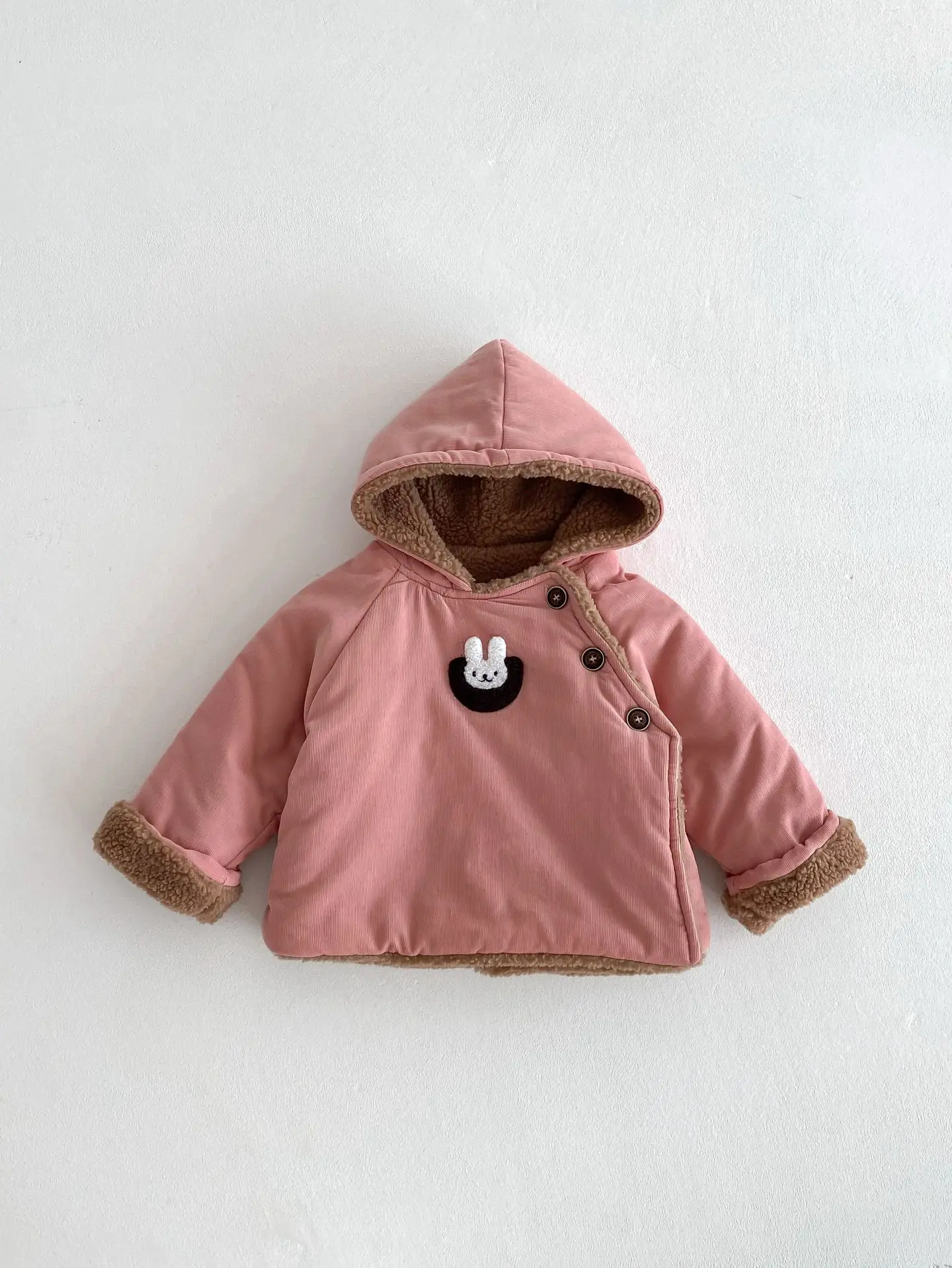 2024 Winter New Baby Girls Lamb Cashmere Hooded Coat Plus Velvet Thick Infant Boys Cute Cartoon Padded Jacket Baby Warm Clothes