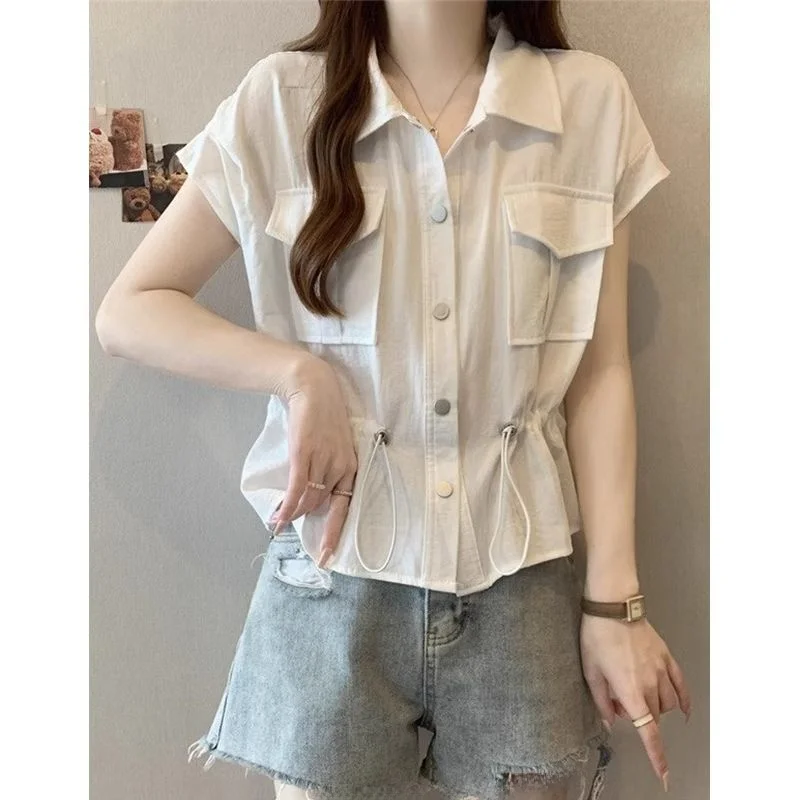 

Женская повседневная футболка больших размеров с завязками, летняя, утягивающая, скрывающая живот, рабочая одежда, топ из искусственной кожи для женщин больших размеров