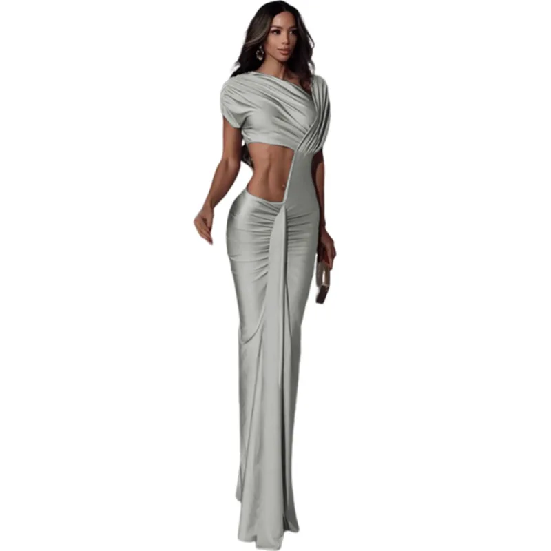 Vestido de noche ajustado y sexy con abertura alta y recorte en el abdomen - Vestido de fiesta que abraza la curva