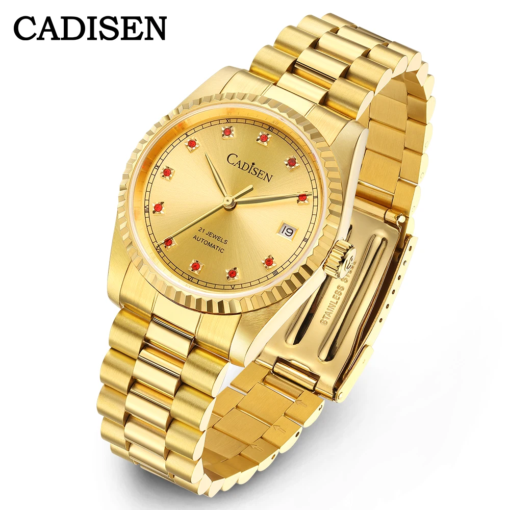 CADISEN Mechanical Automatic Watch For Men Japan 8215 Movement Sapphire Stainless Steel Luxury Golden Watch Relogio Masculino