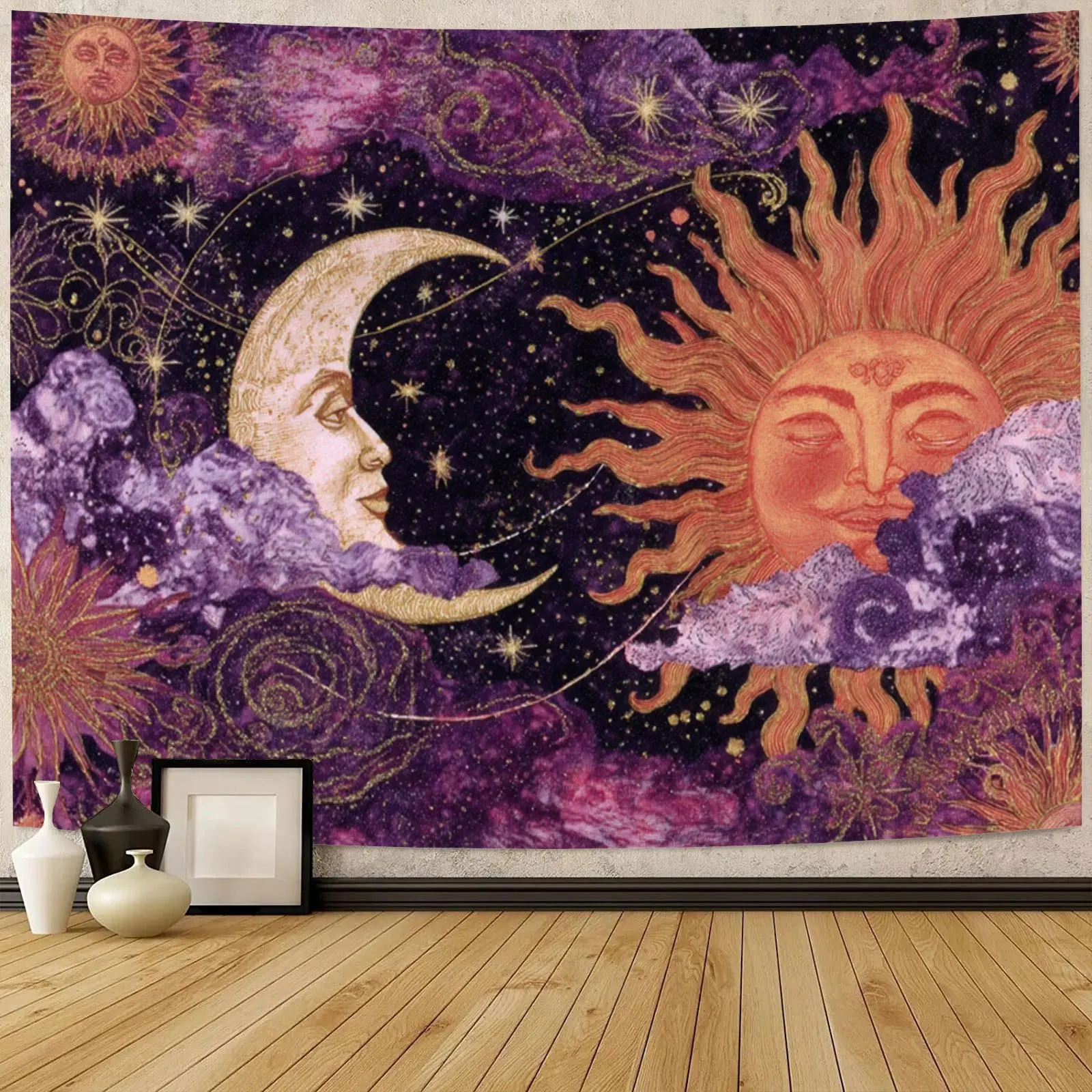 Sun And Moon Tapestry Vintage Bohemian Wall Hanging Sun And Moon Shining Together In A Dreamy Starry Night Realm. Horizontal Tap
