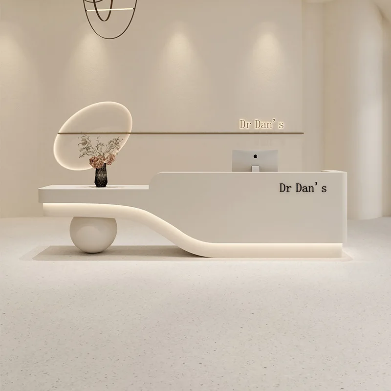 Custom Modern Soft Wave Curved Reception Desk With Unique Round Sphere Ball Base For Cosmetic Clinic Nail Salon Beauty Spa