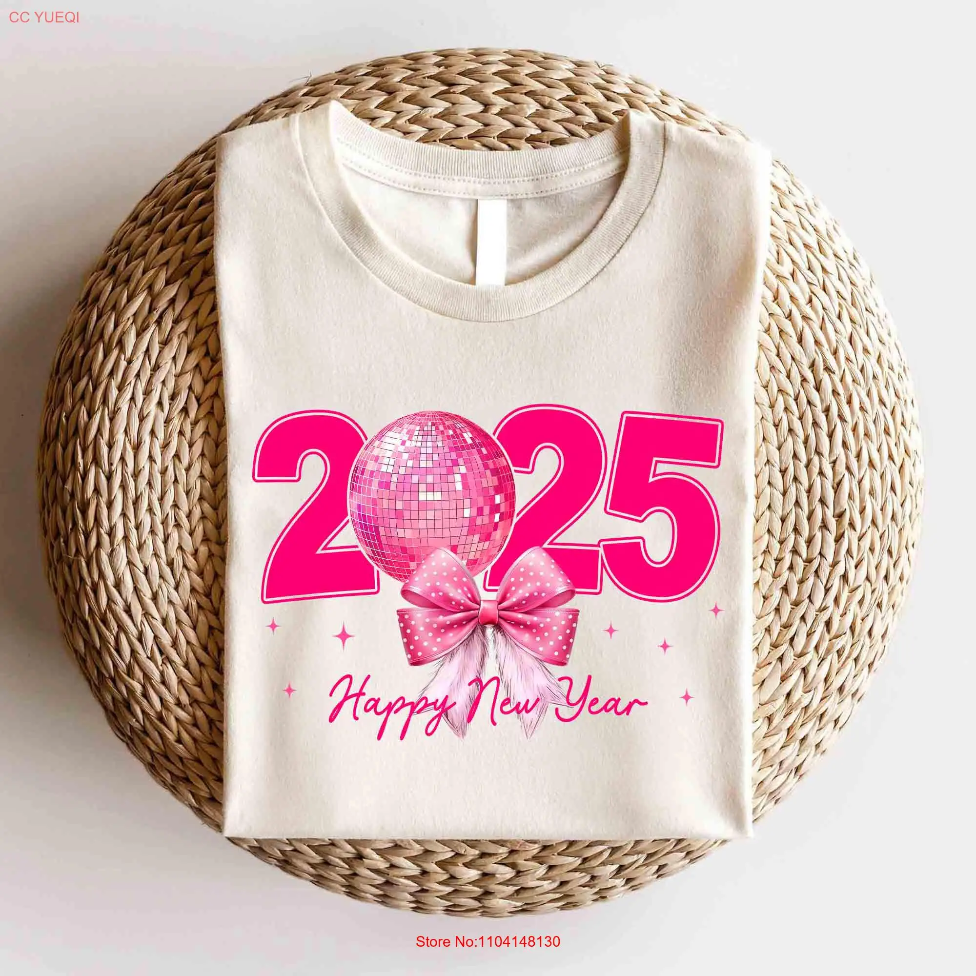 Happy New Year 2025 T Shirt Coquette Bow Pink Disco Ball Party Family Matching long or short sleeves