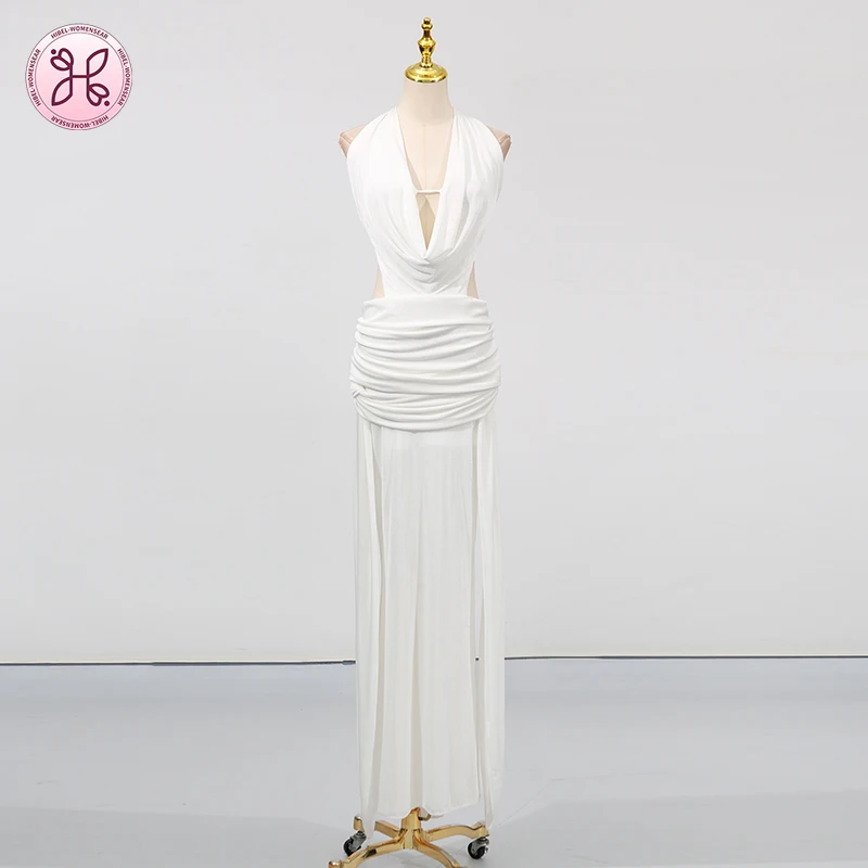 Solid Spliced Backless Bodycon Dresses for Women Halter Neck Sleeveless Patchwork Sheer Sexy Folds Evening Midi Dress Female