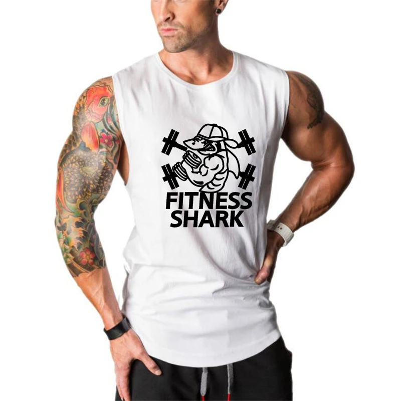 

FTINESS SHARK Gym Stringer Tank Tops Mens Bodybuilding Clothing Summer Cotton Muscle Fit Sleeveless Shirt Sports Running Vests