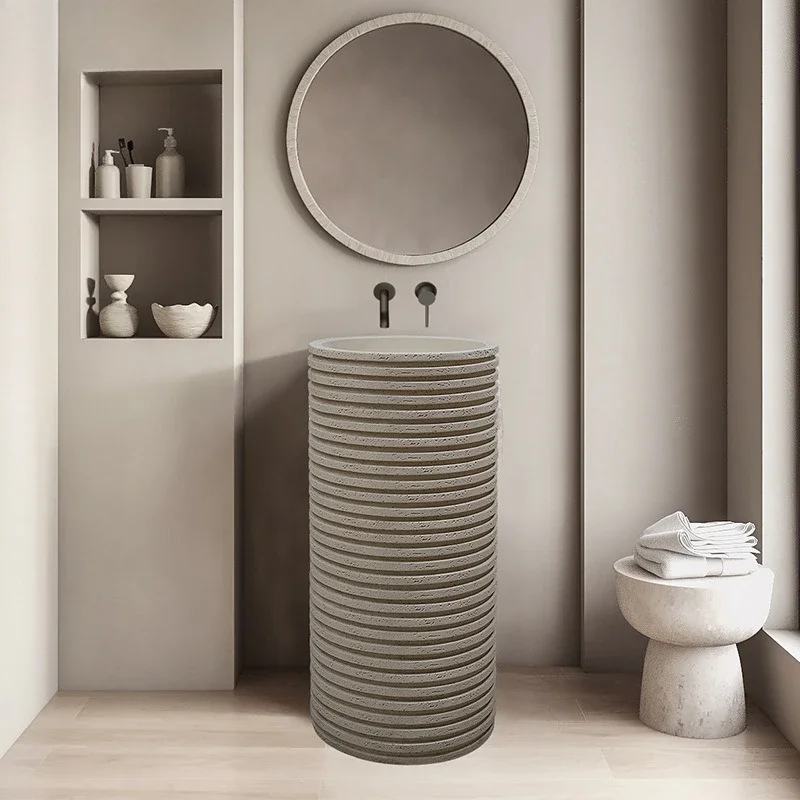 

Wabi Sand Travertine Personalized Wash Basin Designer Integrated Floor-to-ceiling Wash Table Creative Art Outdoor Pillar Basin