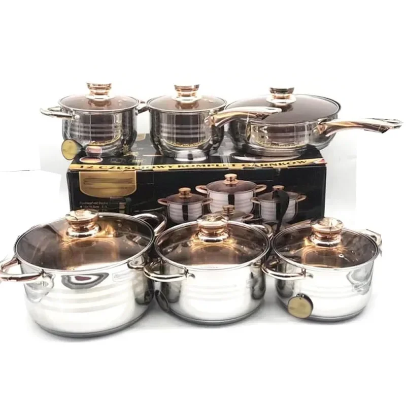 Cross-border foreign trade Vietnam 12 pieces set pot pan 201 stainless steel twelve piece set pot golden handle