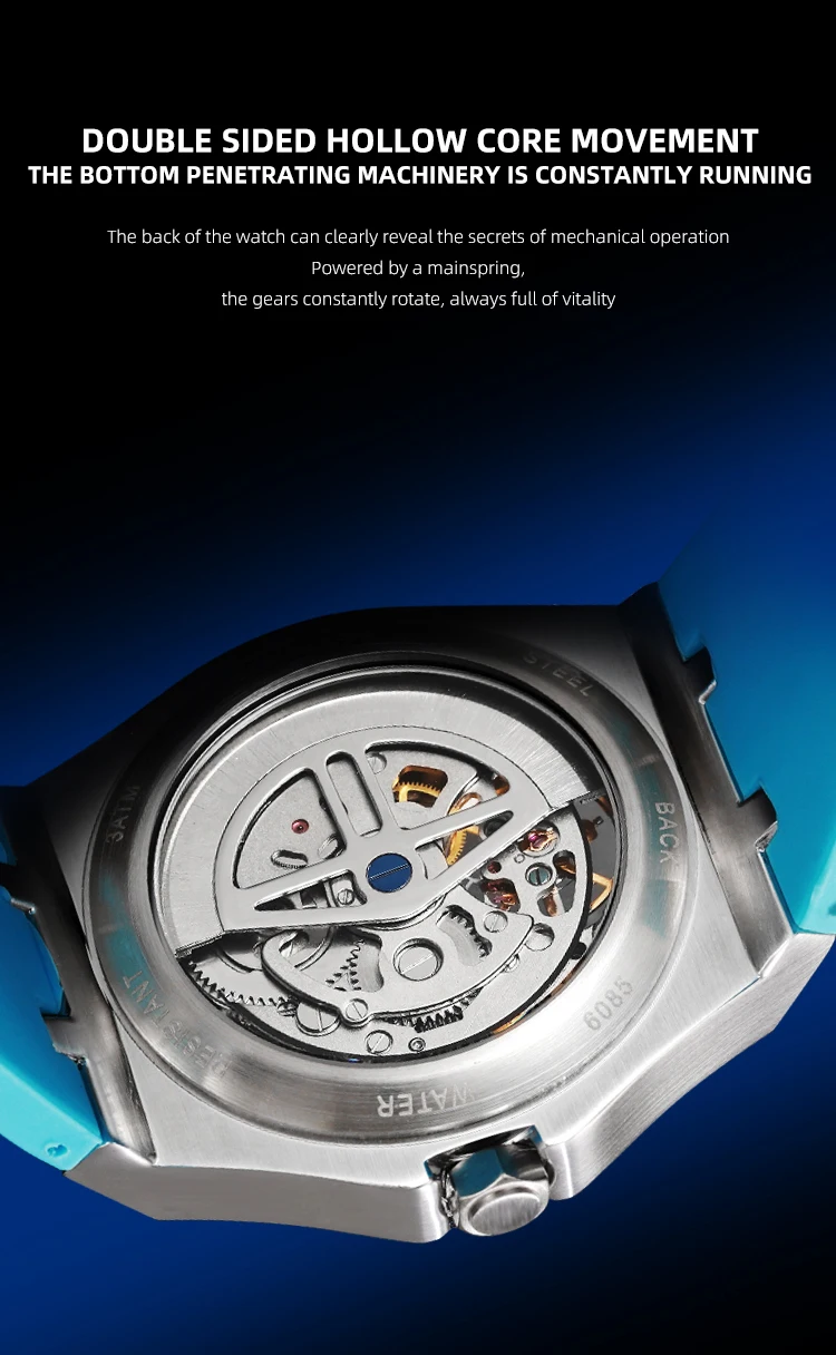 Automatische mechanische Herrenuhr mit orangefarbenem Zifferblatt, Skelett-Tourbillon, achteckige Armbanduhr aus Edelstahl, luxuriöse wasserdichte Uhr – Detail 13