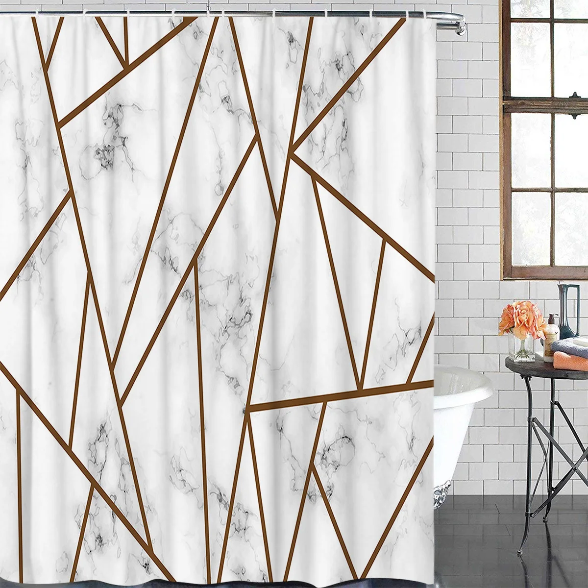 White Marble Tan Stripes Waterproof Bathroom Decoration Shower Curtain With Hook Printed Bathtub Curtains Bathroom Accessories