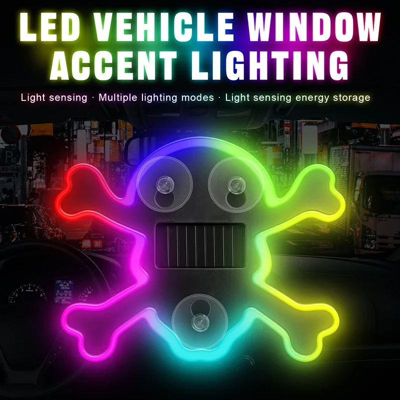 Car Interior Decoration Atmosphere Light,LED Solar Powered Skull Head Neon Light,Car Window Halloween Decorations Light