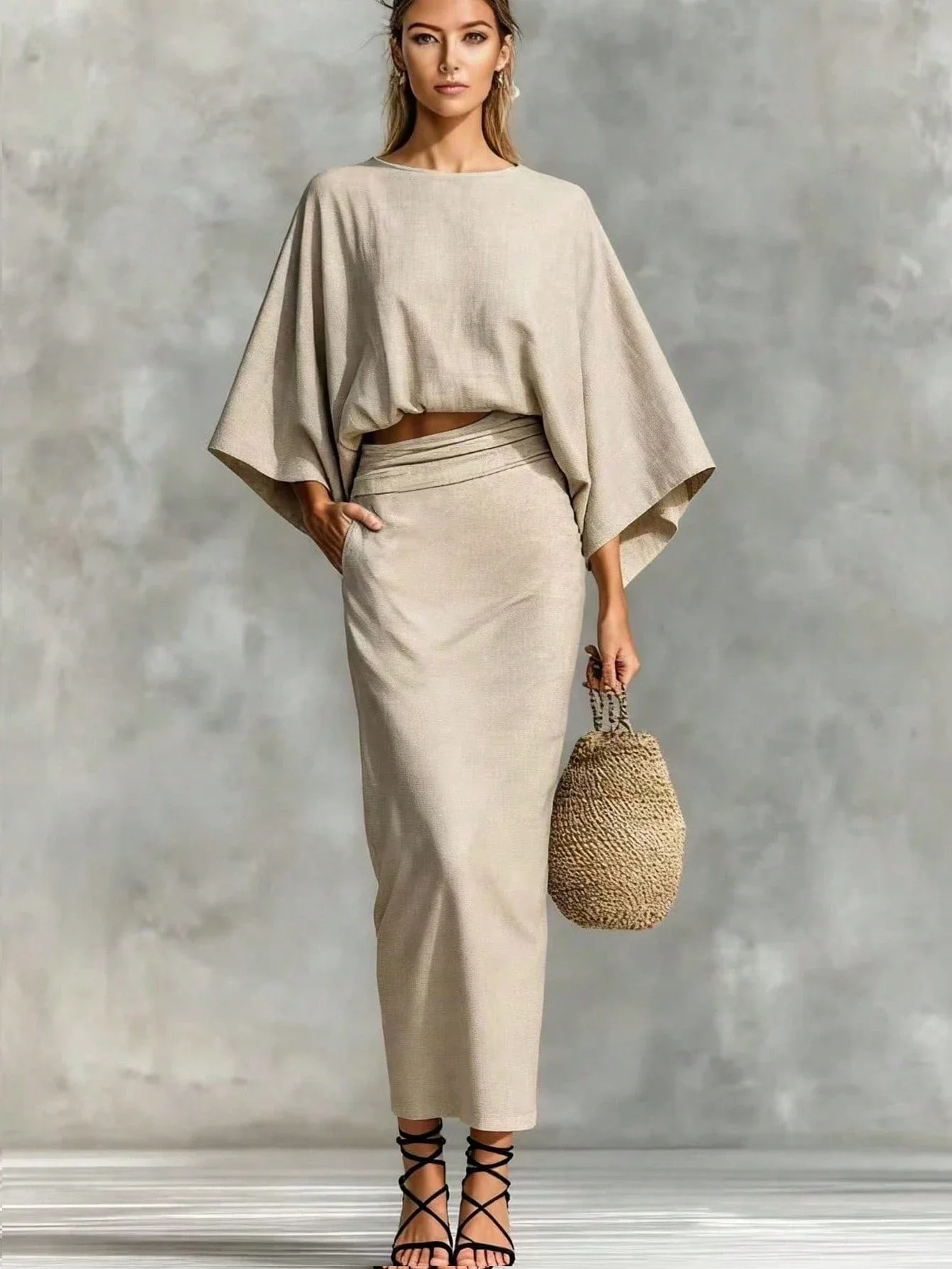 

2-Piece Women's Beige Linen Set: Round Neck Top With Batwing Sleeve And Long Skirt With Pockets