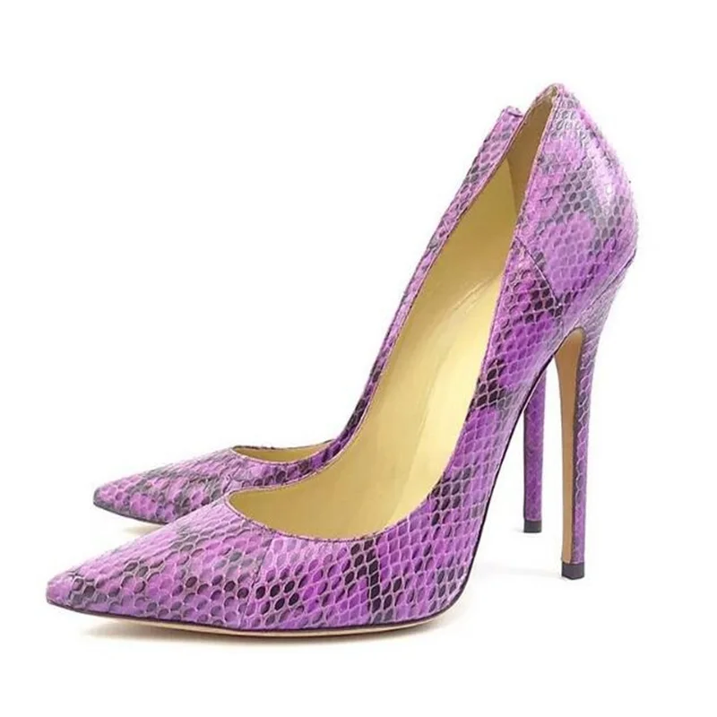 

Purple Snakeskin Printed Leather Pointed Toe Women Pumps Shallow 12cm Stiletto High Heels Formal Female Evening Dress Shoes