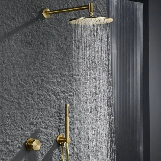 

Brushed Gold Shower Set Wall Mounted Minimalist Bathroom Fixture Hot Cold Water Hidden