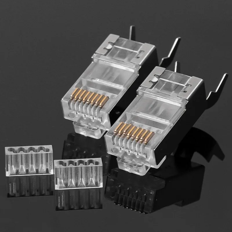 Cat7 Cat6 Shielded Pass Through RJ45 Connectors Cat 5 Gold Plated Modular Plugs for Solid or Stranded FTP/STP Ethernet Cable