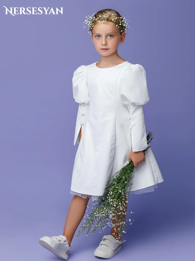 Nersesyan Elegant Angel Pure Flower Girl Dresses Puff Sleeves A-Line O-Neck Satin Inside Tulle Occasional Party Gowns For Child