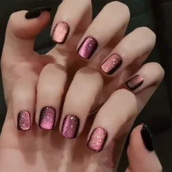 Glitter Cat Eye False Nail Wearable Chic Short Square Fake Nails Full Cover Detachable Finished Ballet Nails Press on Nails 24pc