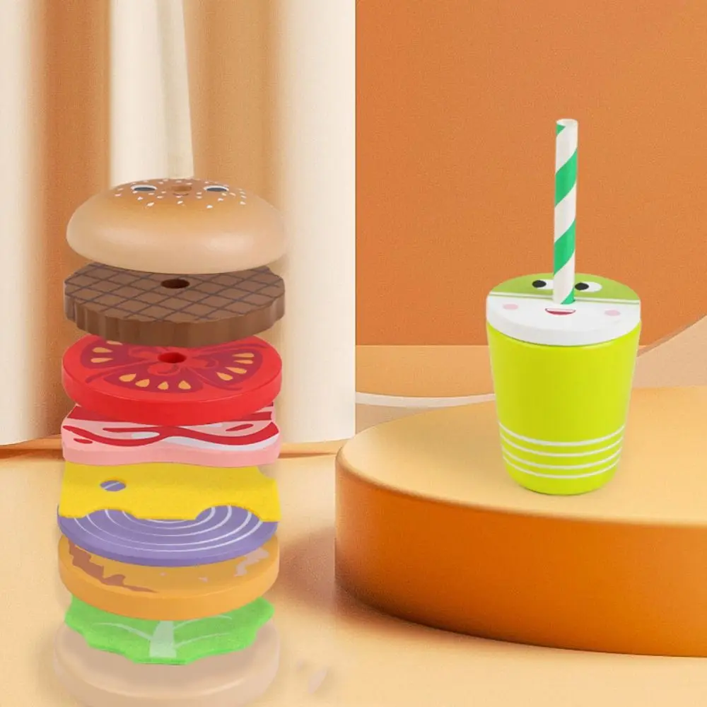 Casa de jogo de madeira hambúrguer brinquedos empilhamento jogo hambúrguer sanduíche fingir jogar cozinha comida brinquedos características interativas
