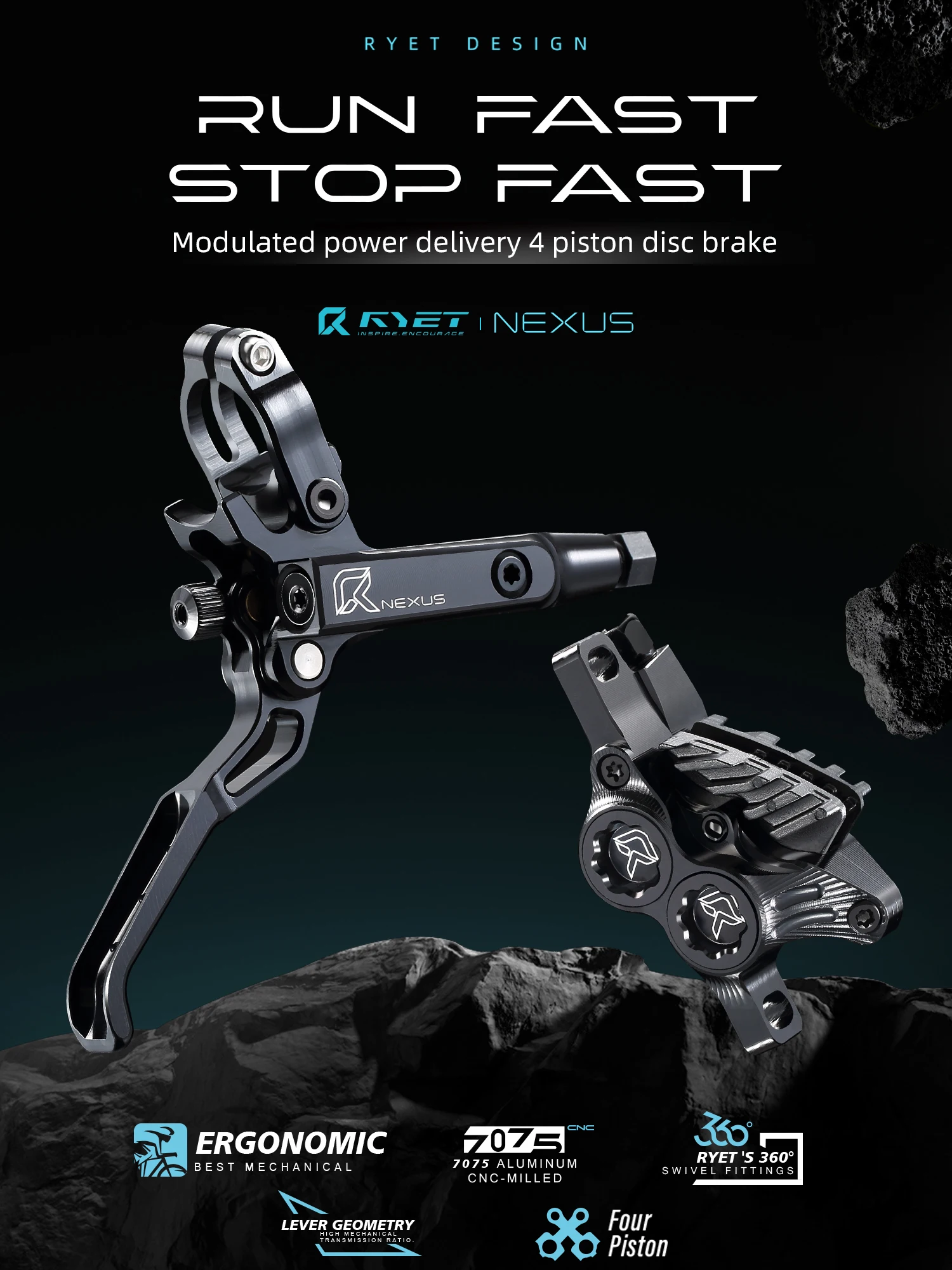 AliExpress RYET MTB 4-Pistons Hydraulic CNC 7075-T6 Disc Brake Set for MTB/AM/DH/E-MTB Heat-Resistant Caliper 840/1550mm Mineral Oil Cable