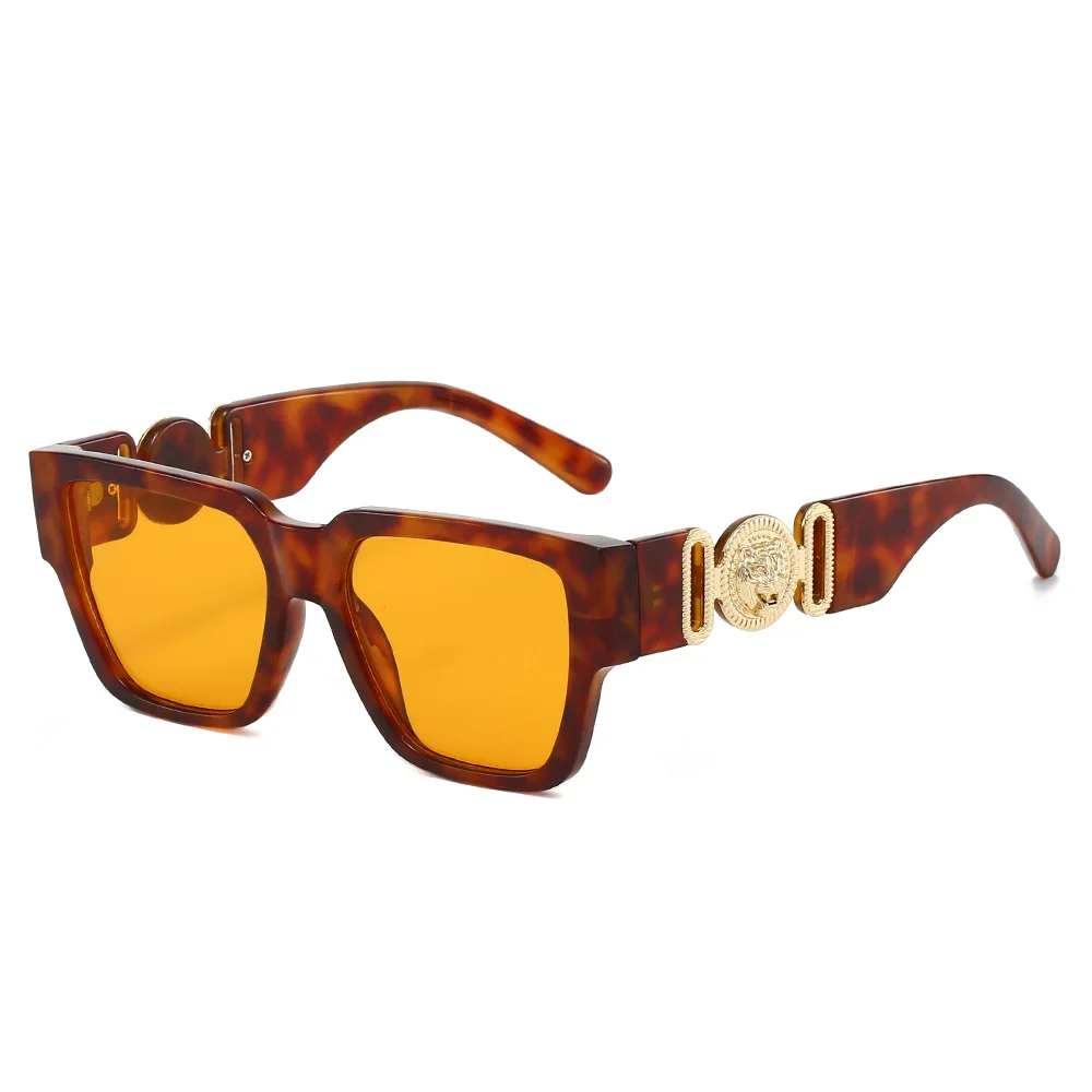 

New Luxury Tortoise Shell Square Women Sunglasses Personality Lion Head Decoration Contrast Color Leisure Men Sun Glasses UV400