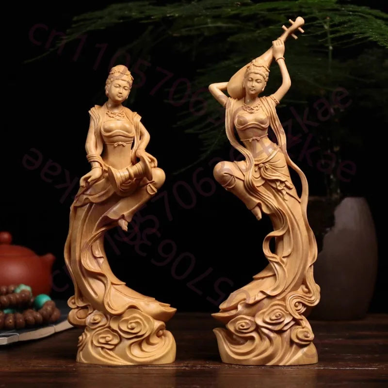 Par de Estatuas de Apsaras Voladoras Talladas a Mano en Madera de Boj (Juego de 2) - Adorno de Músico Bailarín para Decoración de Escritorio de Oficina en Casa, Regalo