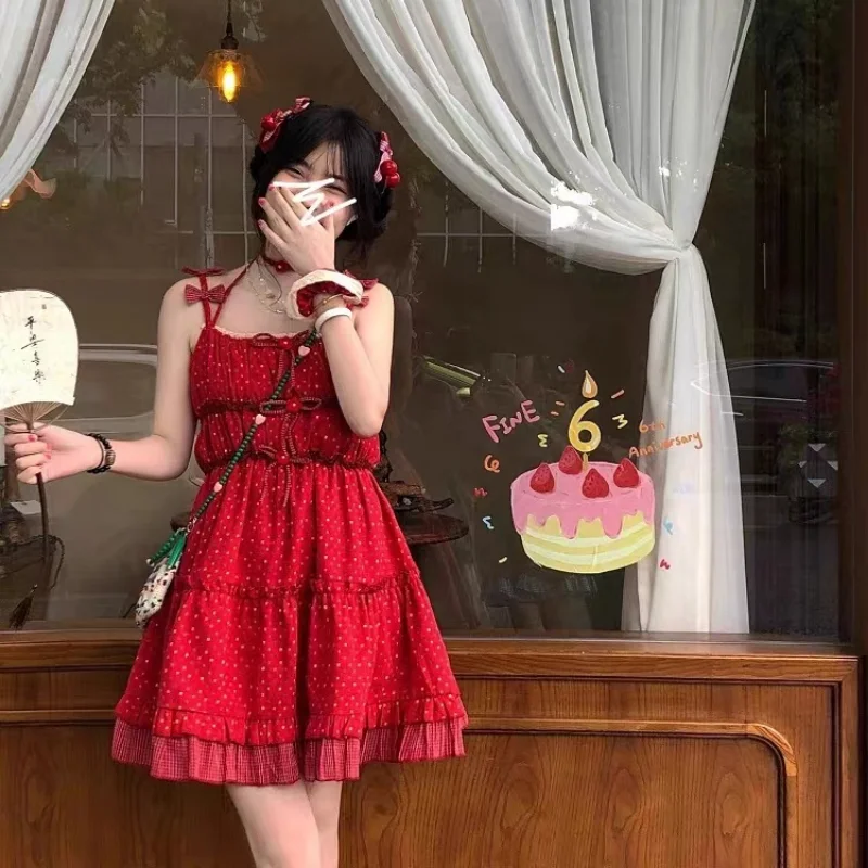 Red Dot Spaghetti Strap Dresses Women Vintage Mini French Style Sweet Lace Fashion Age-reducing Girlish Casual Ulzzang Elegant