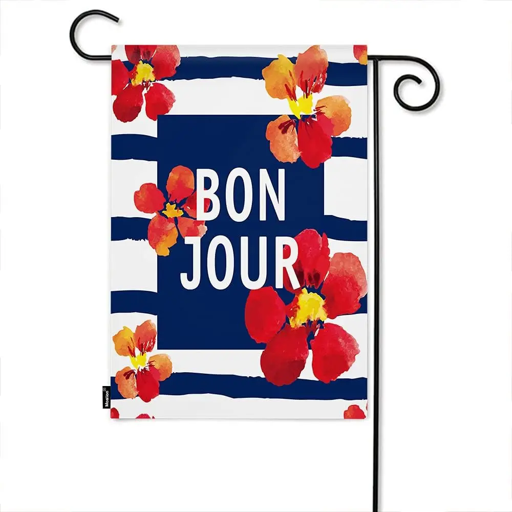 Moslion Floral Garden Flag Red Flowers with French Word Bonjour in Nautical Navy Blue Stripes Flags Double-Sided Banner Welcome