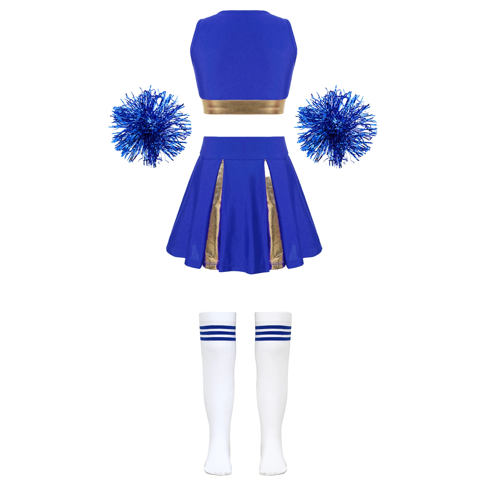 Kids Girls Cheerleading Dance Performance Outfit Sleeveless Crop Top with Skirt Flower Balls Tube Socks for Sports Meet Party