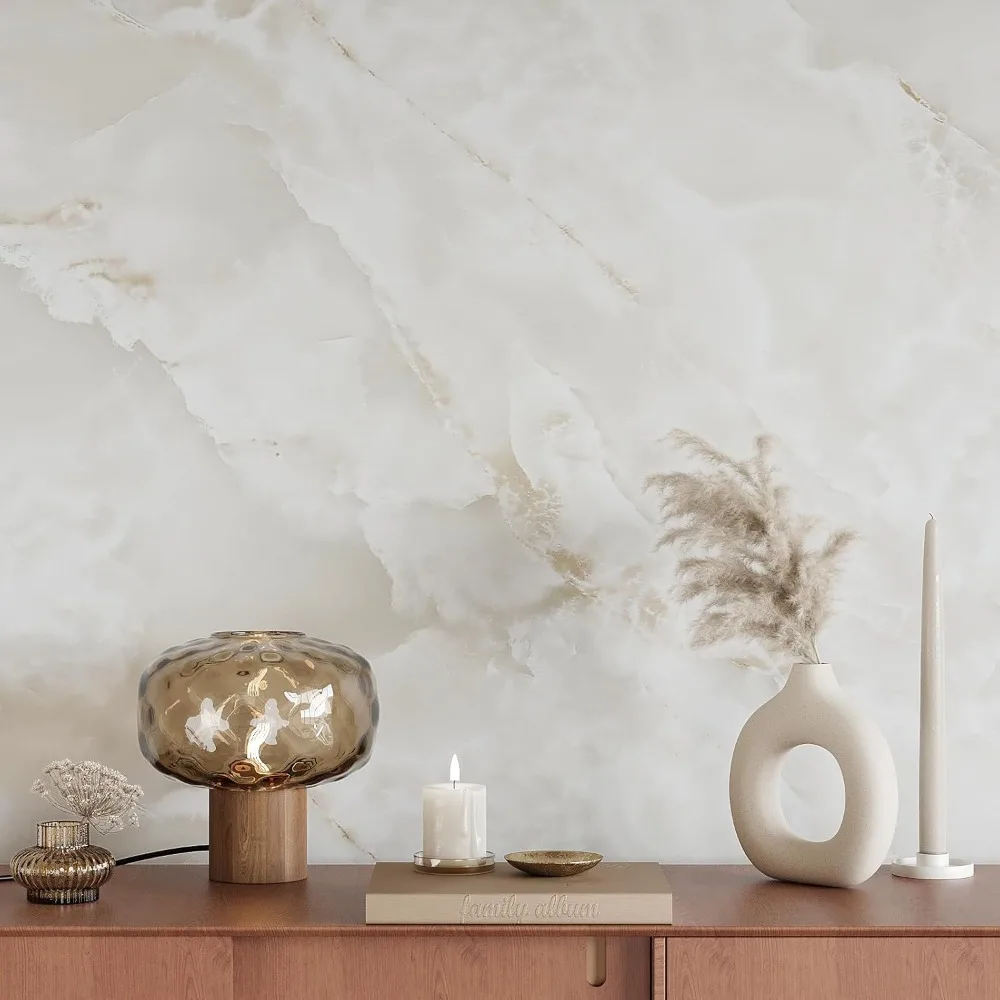 ورق اتصال كبير من أونيكس كريمي ذو مظهر رخامي مقاوم للماء وقابل للتقشير واللصق لأسطح العدادات، لمسة نهائية غير لامعة، مقاس 354 × 32 بوصة