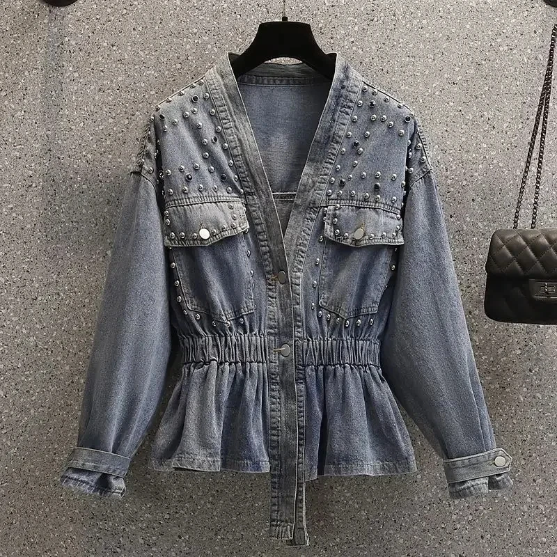 

Denim Jacket for Women Studded Cinched Waist Jean Coat Spring Autumn Slim Crop Short Biker Outerwear Small Harajuku Streetwear