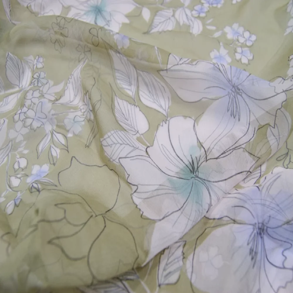 

Regular Lovely White Flower Printed Green 100% Pure Silk Georgette Fabric for Lady Female Great Kimono Hijab Dress