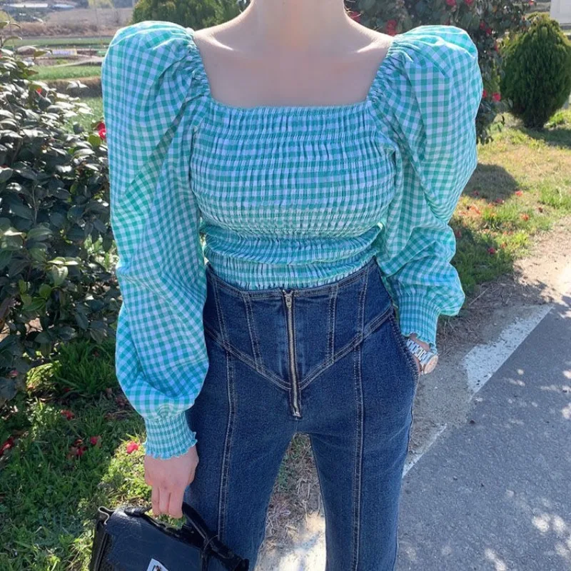 Shpmishal Korean Fashion Square Neck Waist Shirt 2024 Women's Spring New Lantern Sleeves Green Plaid Shirts Female Clothing