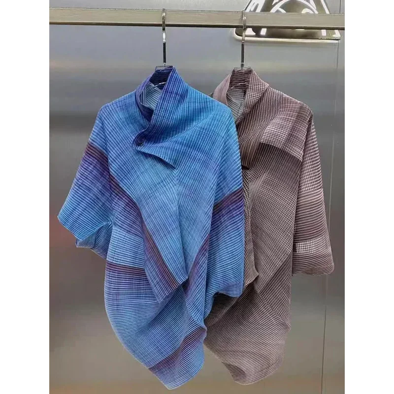

DUOSHA Pleated Color Block Irregular T Shirt Women Lapel Batwing Sleeve Loose Fashion Chic Style New 2025 Female Tops