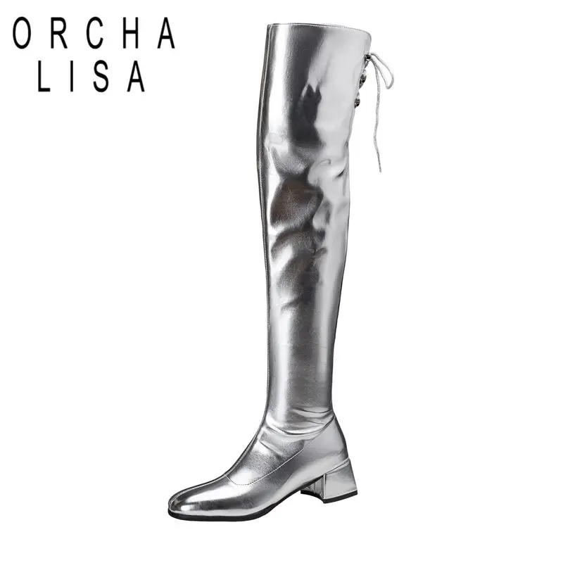 

ORCHA LISA 2025 Sexy Female Thigh Boots Round Toe Block Heels 4.5cm Zipper Lace Up Big Size 44 45 46 Silver Over Knee High Bota