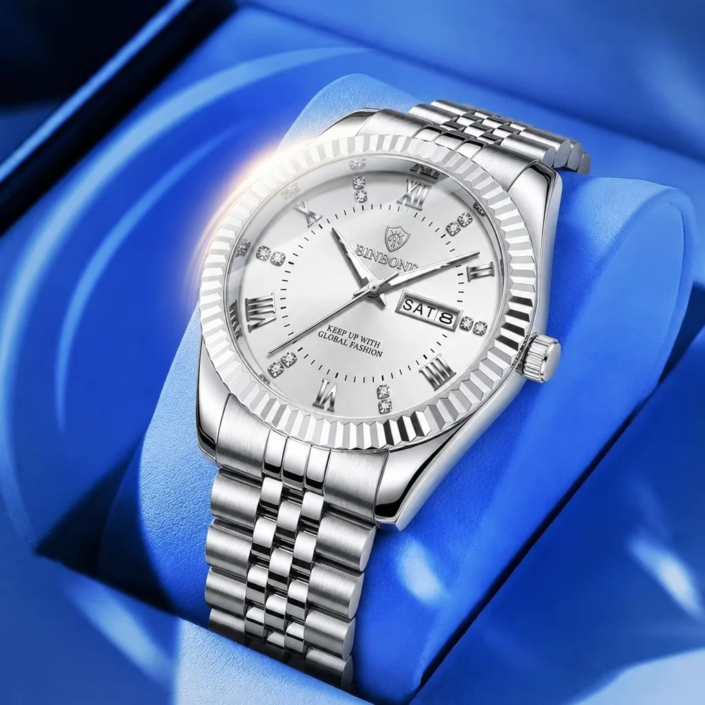 

1pc Fashion Men's Watch with Silver Metal Strap, Roman Numeral Markers, Simple Dial, Date and Day Display, Suitable for