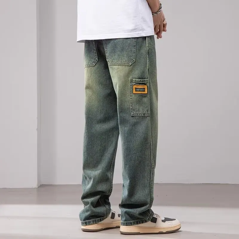 

Worn-look Spring Autumn Loose Wear-resistant Men's Jeans Retro Straight-leg Wide-leg Trousers Youth Faion Cotton Denim