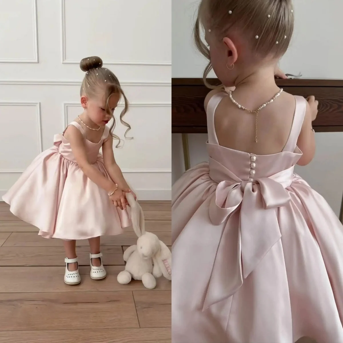 

Customized Pink Flower Girl Dresses for Wedding With Bows Satin Knee Length Lovely Girl Birthday Party First Communion Gowns