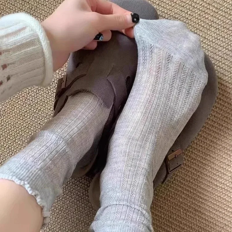

Summer Hollow Socks for Women Korean Beige Mid-tube Hollow Loose Socks Female Casual Sweet Girls Fashion Long Tube Pile Stocking