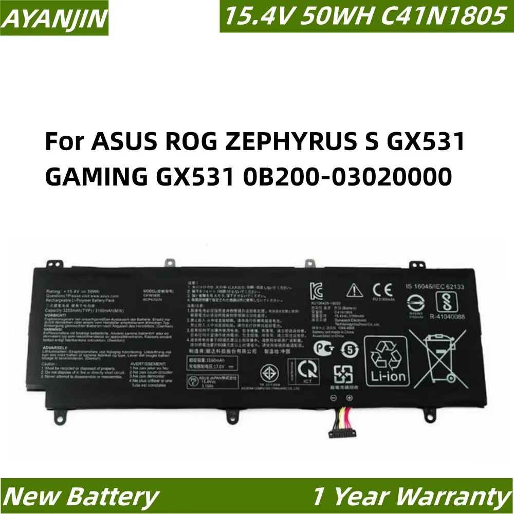 

New C41N1805 0B200-03020000 15.4V 50WH/3255mAh Laptop Battery For ASUS ROG ZEPHYRUS S GX531 GAMING GX531 0B200-03020000