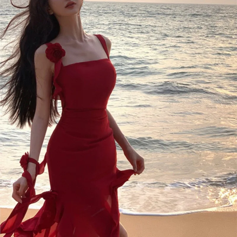 

Irregular red halter style vacation long dress
