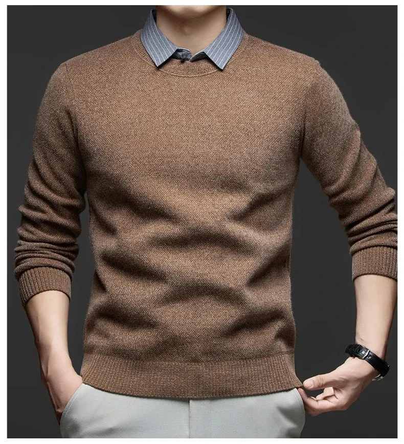Hochwertiger, warmer Plüsch-Strickpullover für Herren, Herbst-Winter-Komfort, lässige Mode, gefälschter zweiteiliger gestreifter Hemdkragen-Pullover – Detail 5